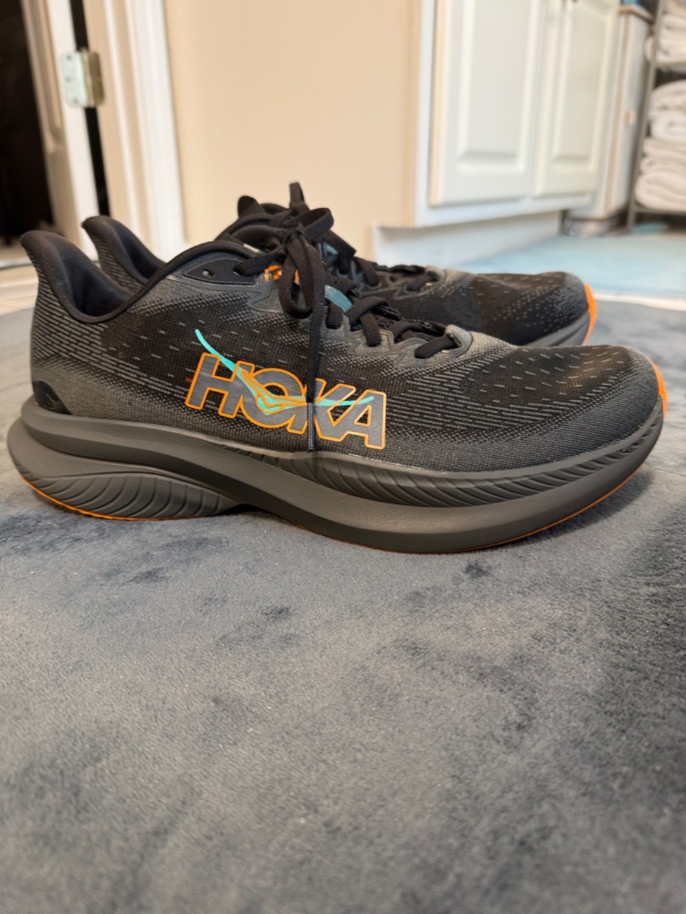 Hoka Mach 6 Black Running Sneakers with Orange and Teal Accents - Picture 2 of 8